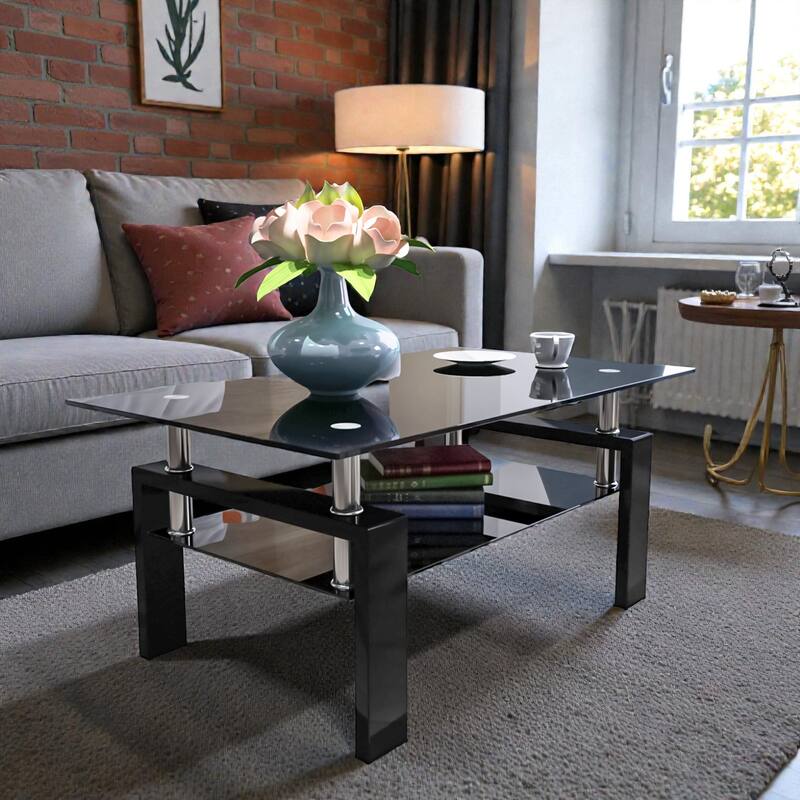 Rectangle Glass Coffee Table with Storage Shelf, Modern Clear Glass Coffee Table with Metal Frame - Black