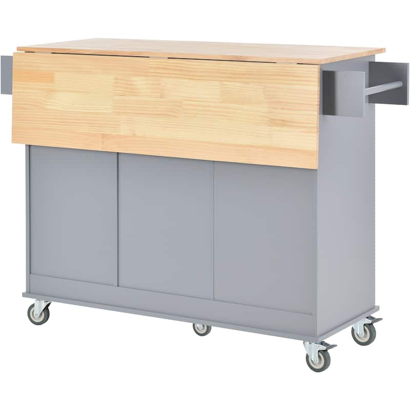 Rolling Kitchen Island with Solid Wood Top, Storage Cabinet and Drop Leaf Bar w/Spice Rack, Towel Rack for Living Room