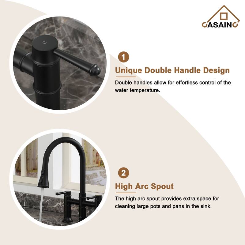 Double Handle Bridge Kitchen Faucet with 3-Function Pull-Down Spray Head