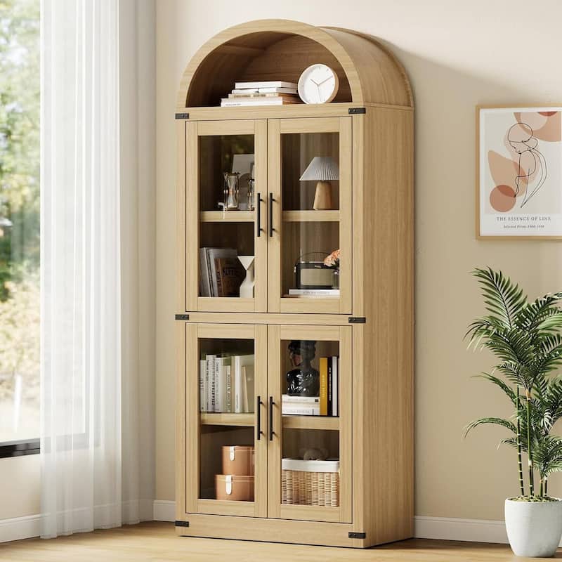71" Tall Arched Bookshelf - Wooden Bookcase Storage Cabinet Rounded Display Storage Shelves Cabinet - Yellow - Glass