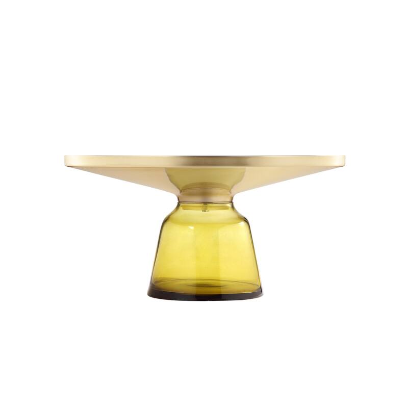 Len 30 Inch Coffee Table, Yellow Blown Glass Bell Base, Funnel Gold Steel