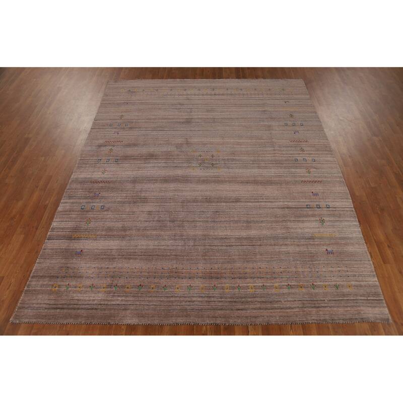 Striped Brown Tribal Gabbeh Oriental Area Rug Hand-Knotted Wool Carpet - 8'0"x 9'9"