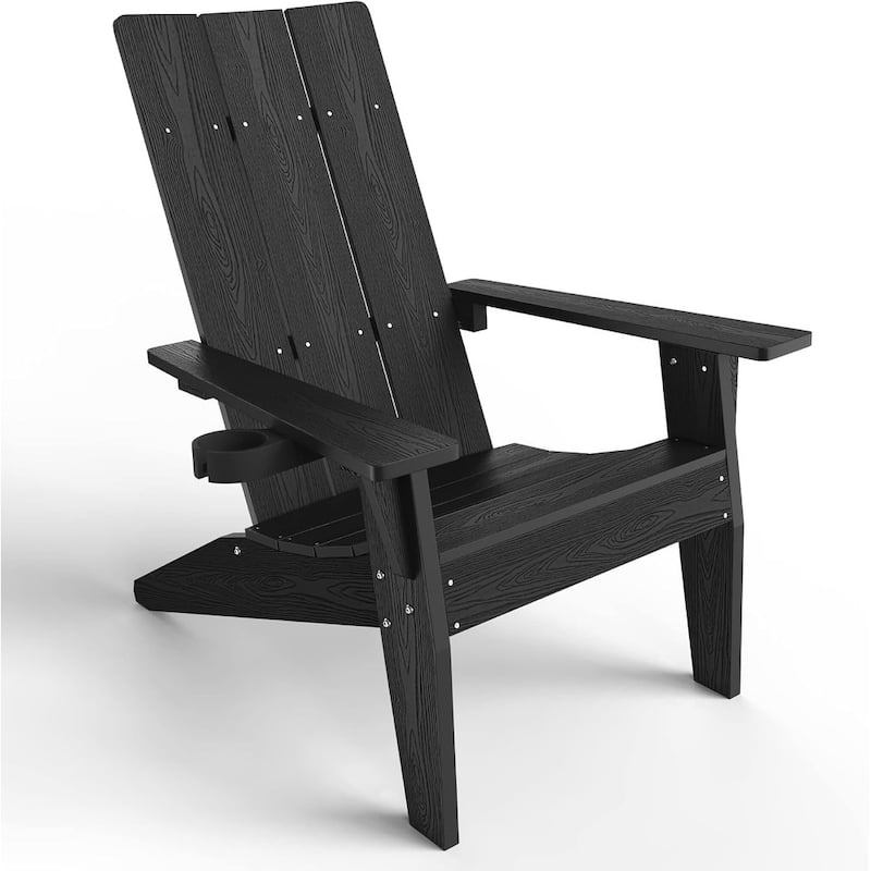 WINSOON Adirondack Chair with Cup Holder All Weather,Made Of HIPS - Black