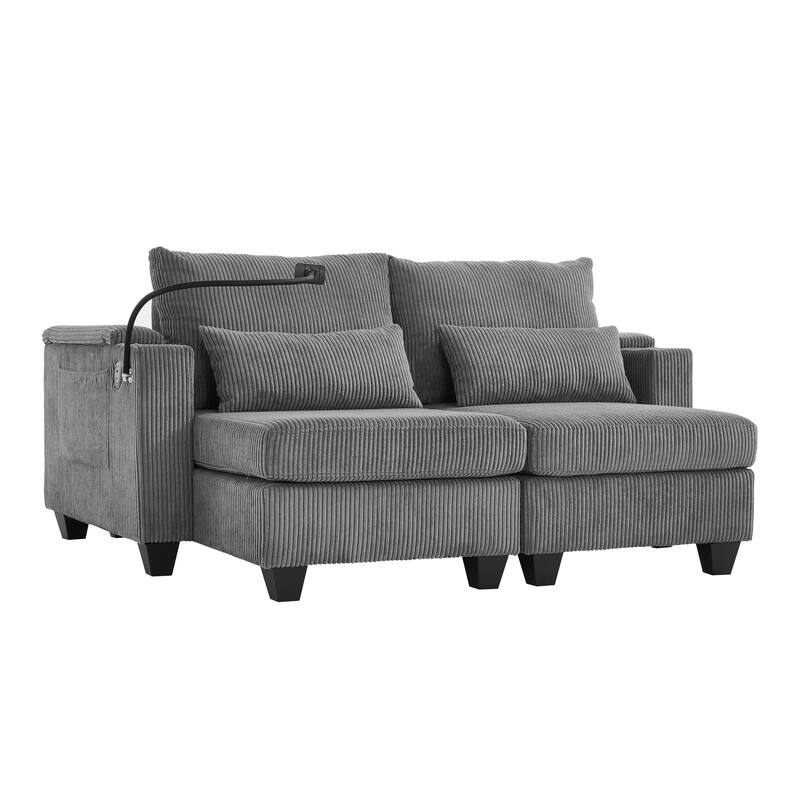 63" Convertible Corduroy Sofa Bed with USB Ports, Cup Holders, Storage, Grey