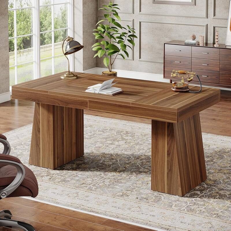 55 Inches Mid-Century Executive Desk with Double Trapezoid Base - Brown