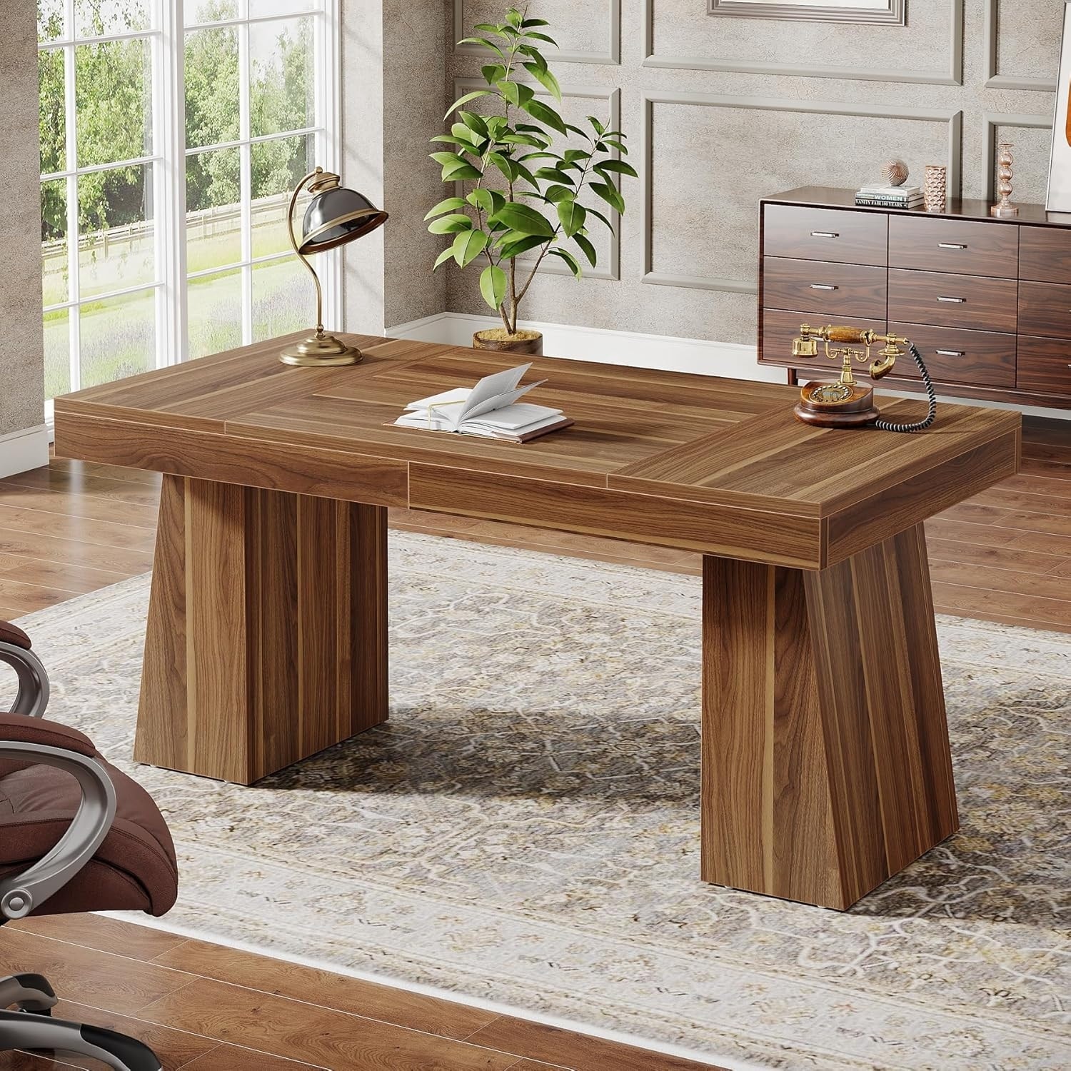 55 Inches Mid-Century Executive Desk with Double Trapezoid Base