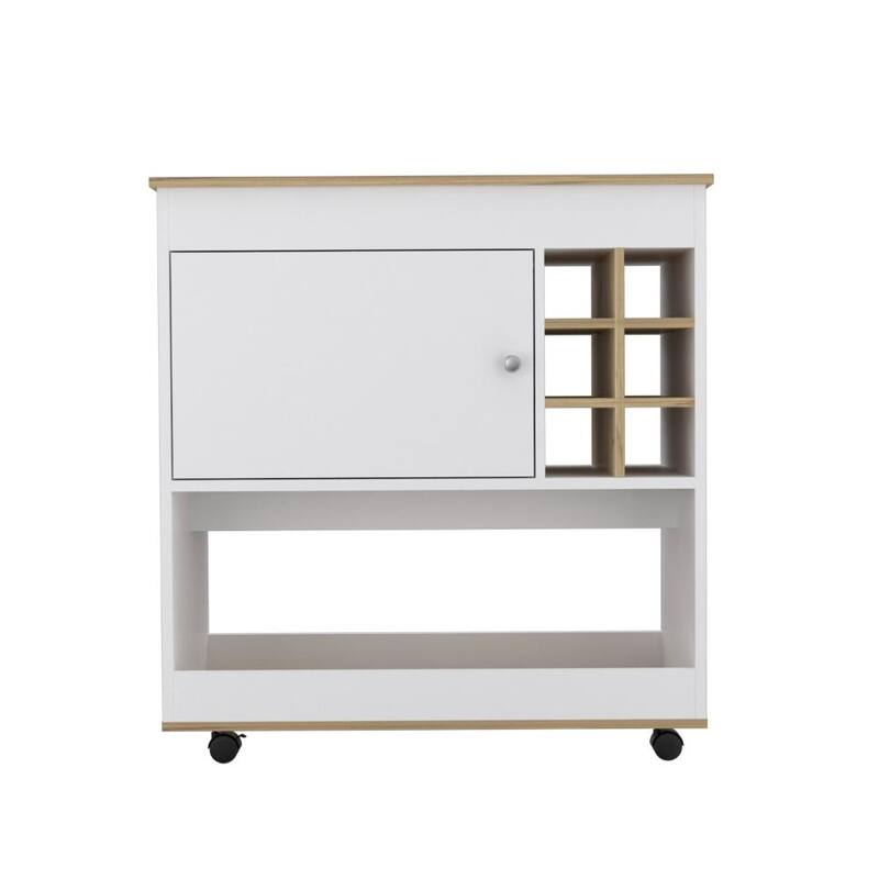 Lotus Bar Cart, Six Bottle Cubbies, One Cabinet, Four Casters, Light Oak / White