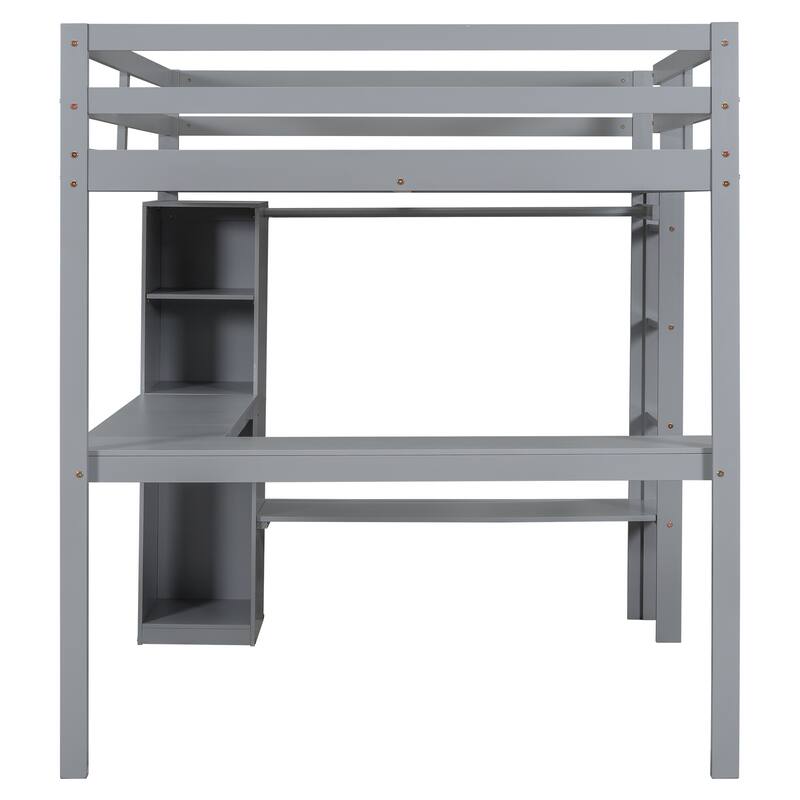 Twin Size Loft Bed with L-Shaped Desk, Wardrobe, Storage Shelves & Full-Length Guardrails, No Box Spring Needed