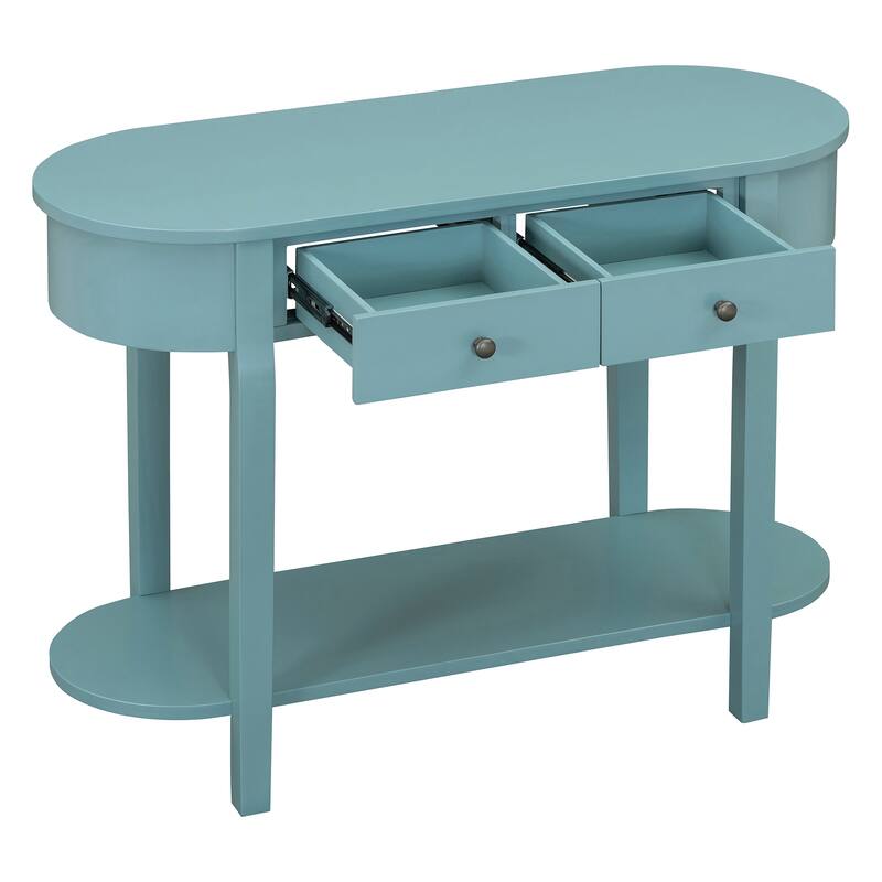 Curved Console Table with 2 Storage Drawers and Metal Handles, Wooden Hallway Tables Entryway Table wOpen Storage Shelf