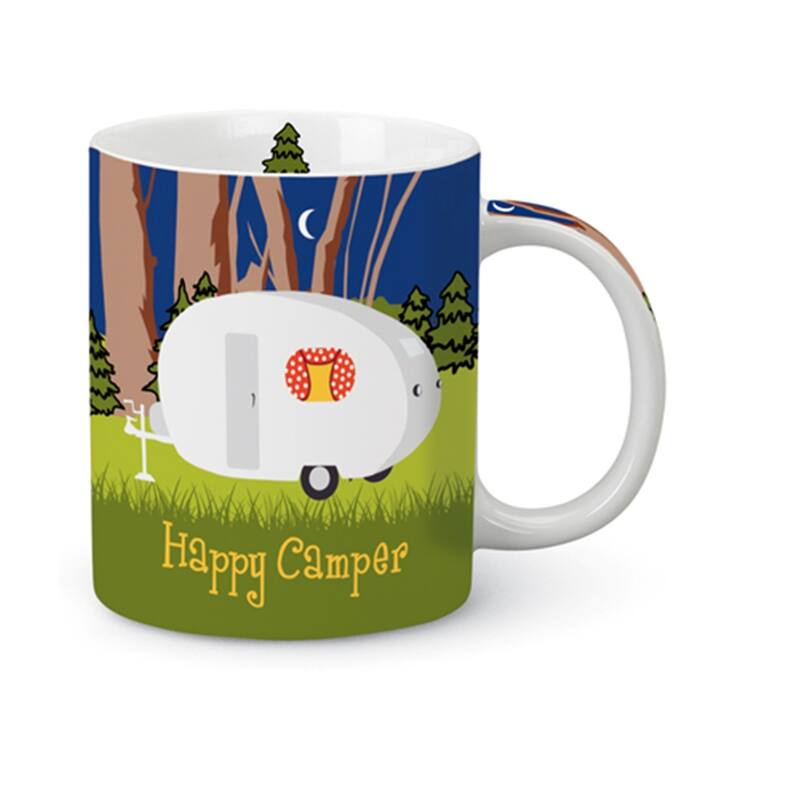 Weekend Camping Happy Camper Teardrop Pop Up Ceramic Coffee Latte 13 Ounce Mug - Green