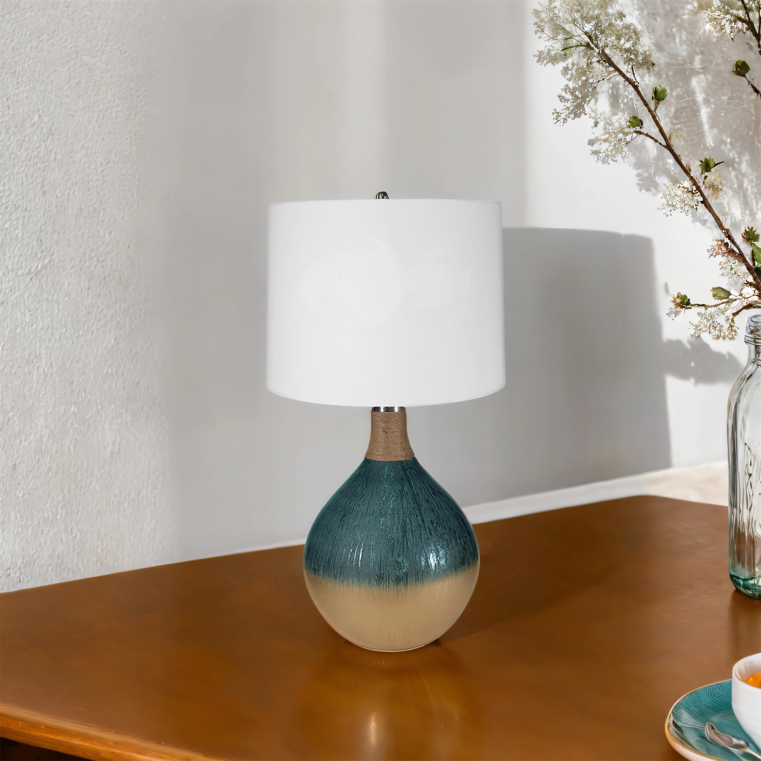 28.5 inch Colorful Glass Table Lamp with Linen Drum Shade