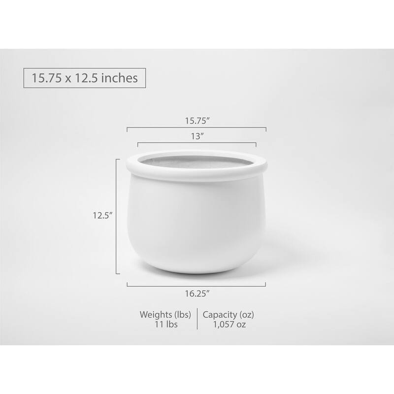 Indoor/Outdoor Large 1-piece Nordic Minimalist Fiberstone Lightweight Round Planter Pot - 16, 10 inch Matte Finish - 12.5 In. H x 15.75 In. W x 15.75 In. L - White