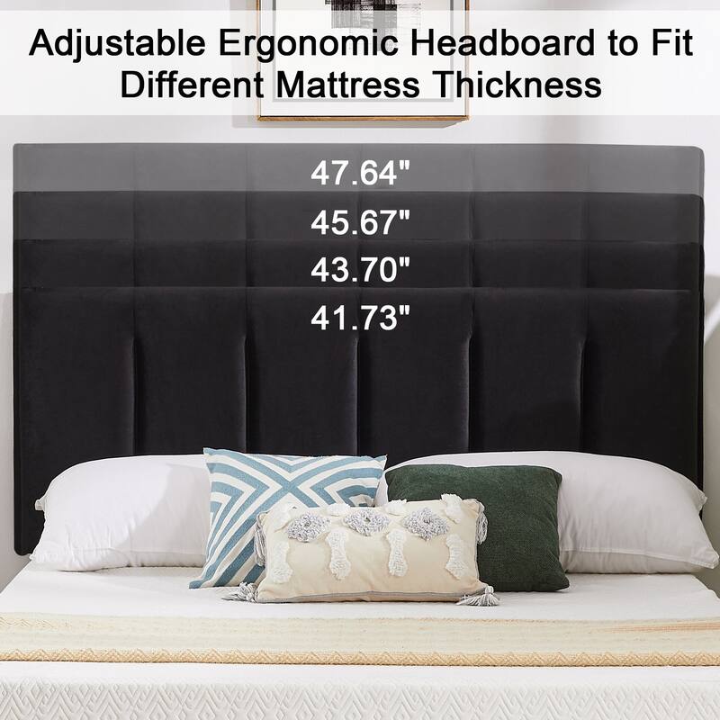 Upholstered Velvet Upholstered Bed Frame with Adjustable Height Headboard No Box Spring Needed Platform Bed Under Bed Storage