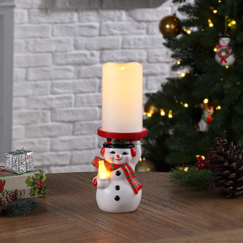 6" Ceramic Lit Snowman Candle Holder and Flameless Candle
