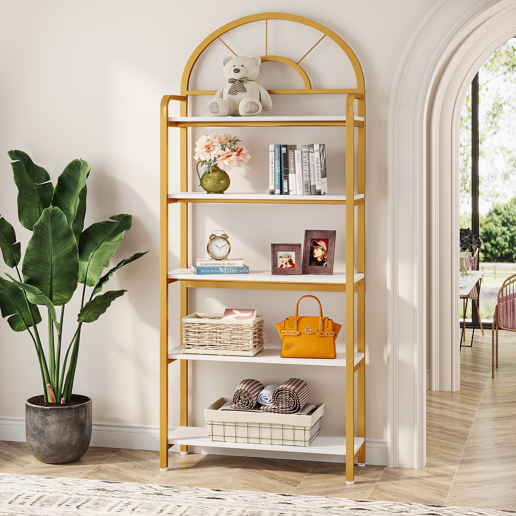 VASAGLE Corner Shelf, 5 Tier Corner Bookshelf,Tempered Glass Shelves, Gold