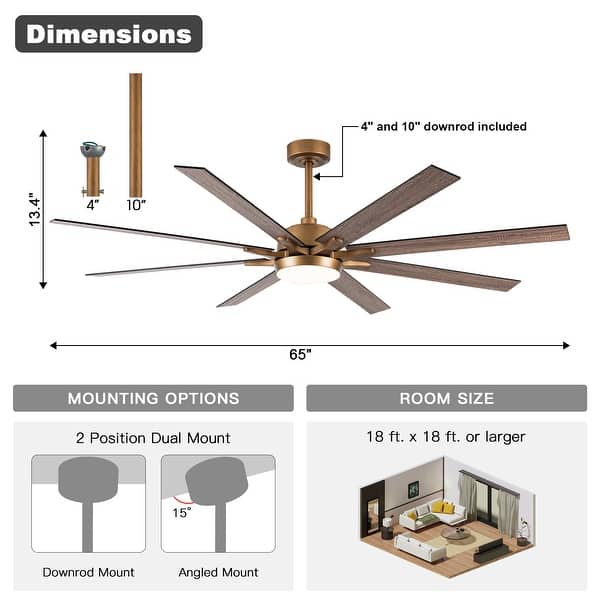 dimension image slide 1 of 4, 65-Inch Modern Reversible Dimmable Large Ceiling Fan with Light and Remote