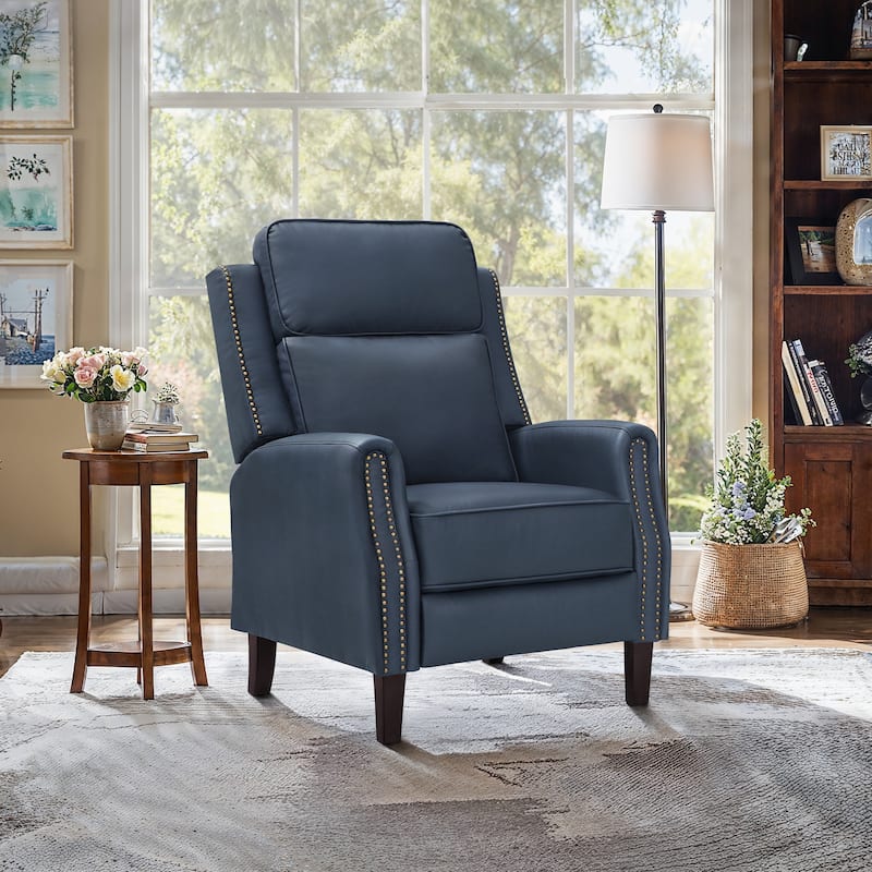 Genuine Leather Recliner Push Back Recliner Chair 3 Adjustable Armchair with Wooden Legs for Living Room, Bedroom - Navy/Single