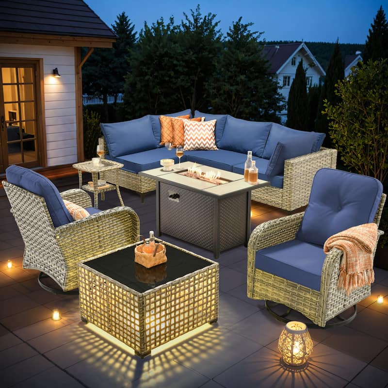 OVIOS 9 Pieces Outdoor Wicker Swivel Chair Set With Fire Table - Navy Blue