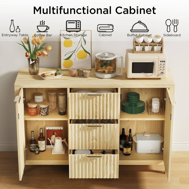 Meyreso 55" Wide Coffee Bar with 2 Adjustable Shelves, Modern Farmhouse Sideboard Buffet with 4 Drawers