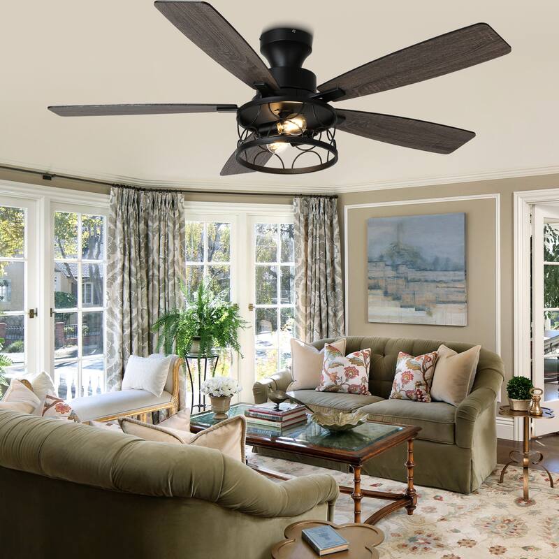 Cusp Barn 52 Inch Farmhouse Flush Mount Ceiling Fan with Lights and Remote, Industrial Low Profile Black Caged Ceiling Fan