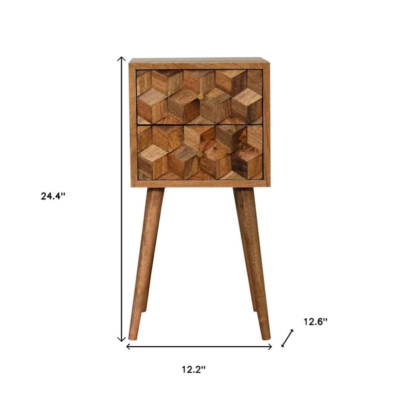 HomeRoots 24" Natural Solid Wood Carved Geometric Two Drawer Nightstand