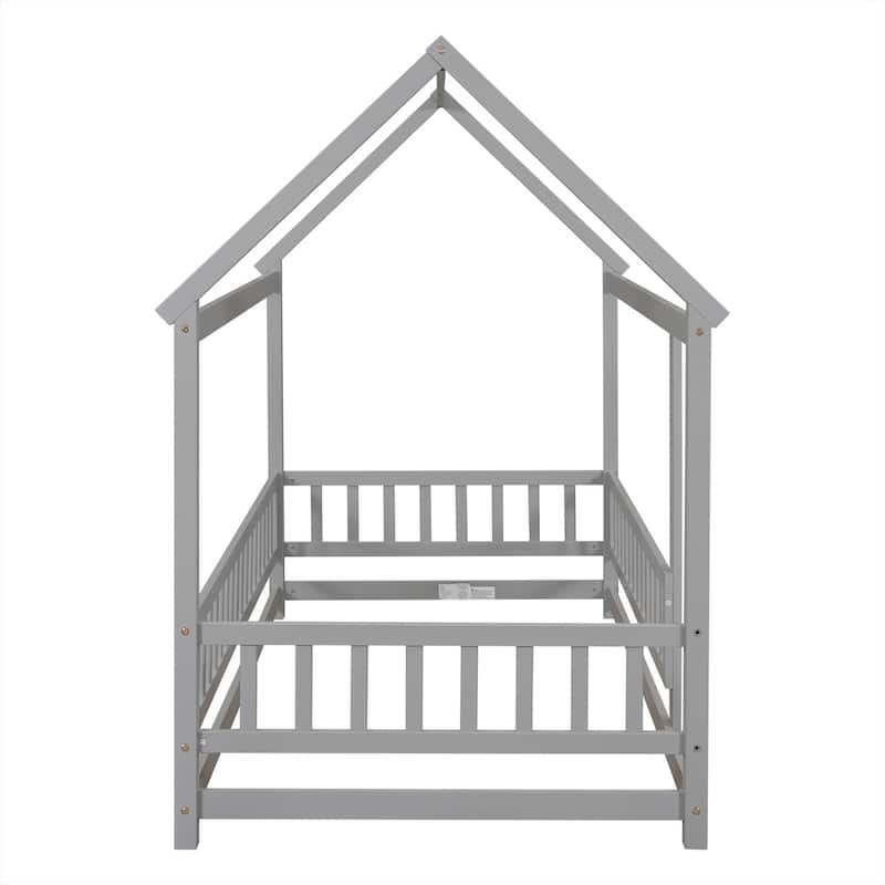 Floor Wooden Bed with House Roof Frame