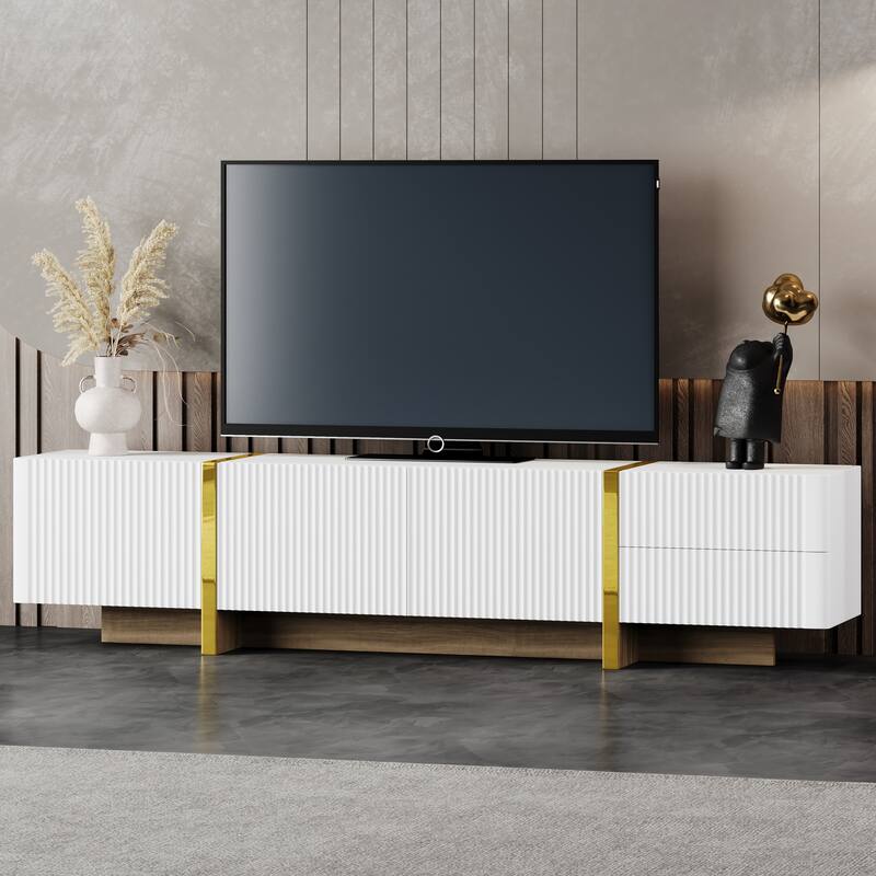 Elegant TV Stand with Golden Legs & Fluted Panels for TVs up to 80'', Storage Drawers & Shelves for Living Room - White