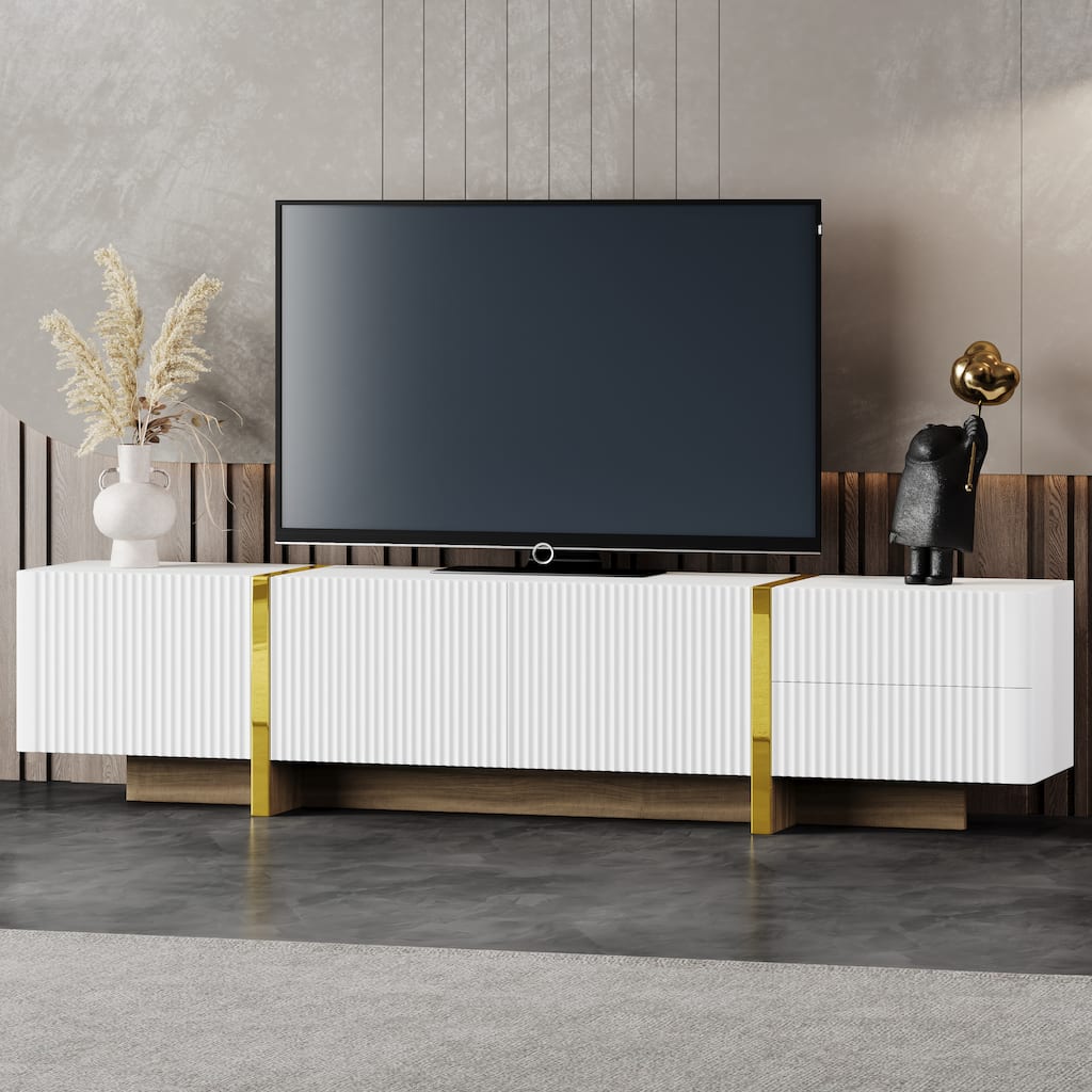 Modern Fluted TV Stand Luxury TV Stand with Storage Drawers and Gold Wood-Grain Legs, for Living Rooms, White