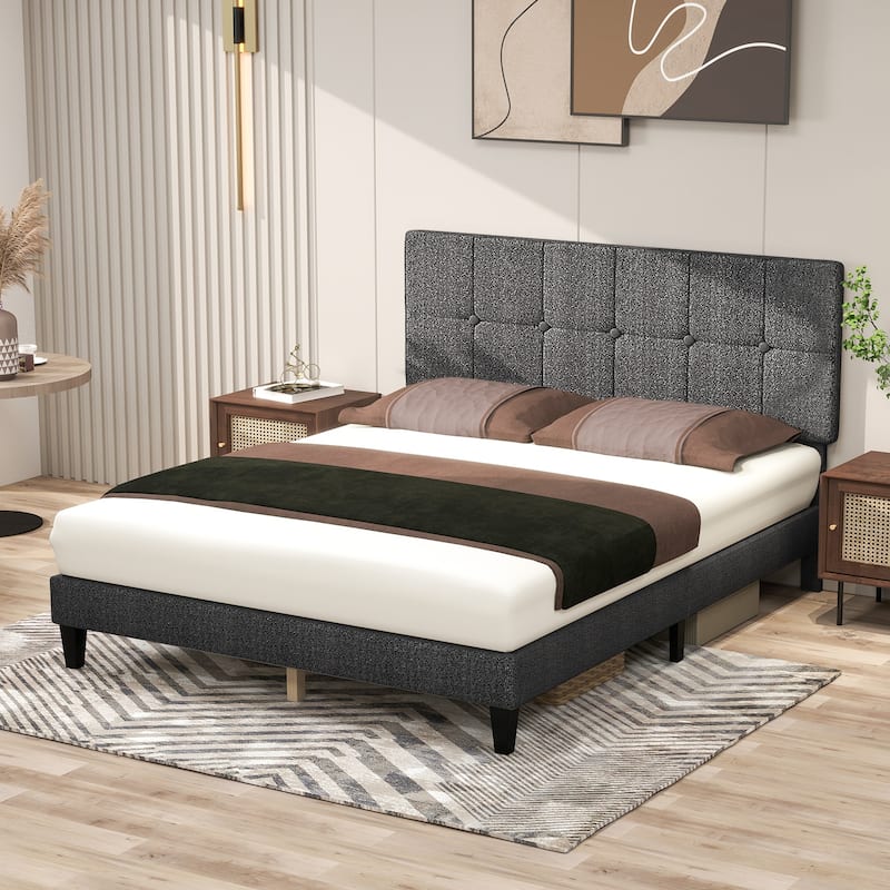 Linen Upholstered Platform Bed Wood Bed Frame with Headboard, No Box Spring Needed, Noise Free, T/F/Q Size