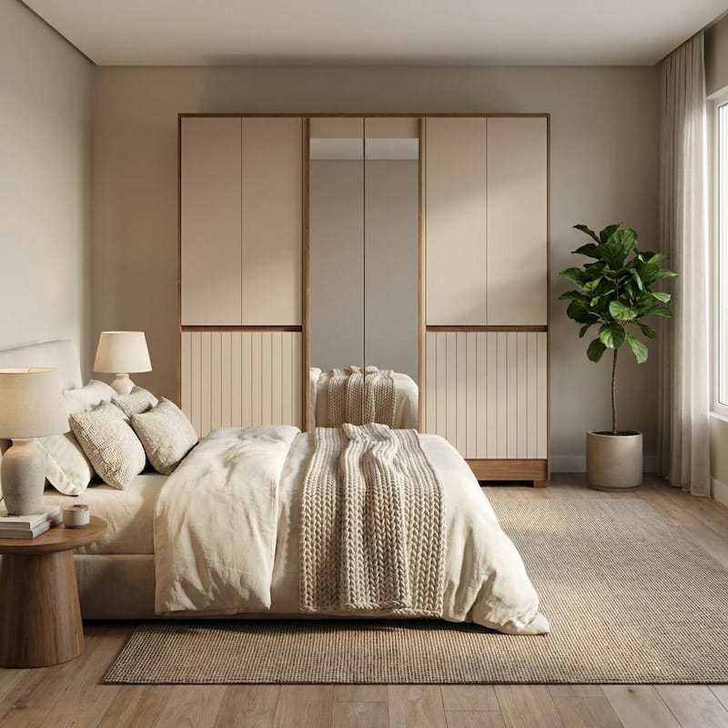 Meble Furniture Alaska 85-Inch Large Bedroom Wardrobe Armoire with Mirror, Drawers and Shelves, Oak/Fendi Two-Tone Finish