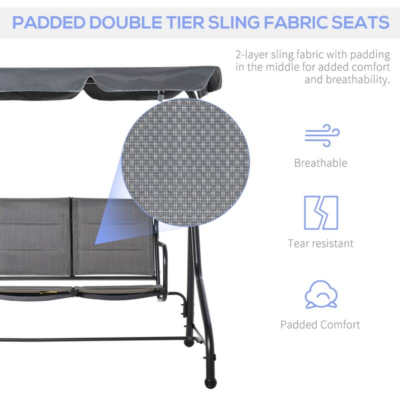 Outsunny 3-Seater Porch Swing Chair Outdoor Patio Bench for Deck with Adjustable Canopy, Padded Sling Fabric Seat