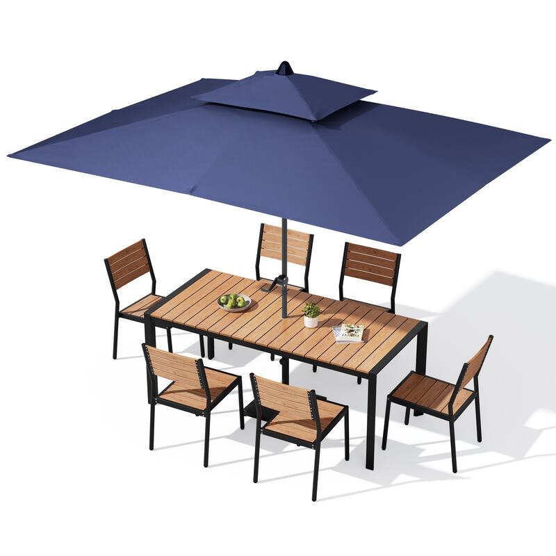 9/11-Piece Outdoor Dining Set w/10 ft Umbrella and Base Aluminum Dining Table and Stackable Chairs