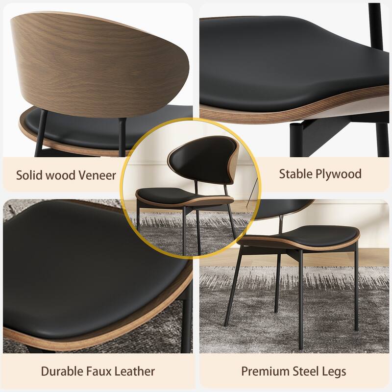 Contemporary Curved Back Dining Chairs Set of 2, Black Leather Side Chairs, Fully Assembled