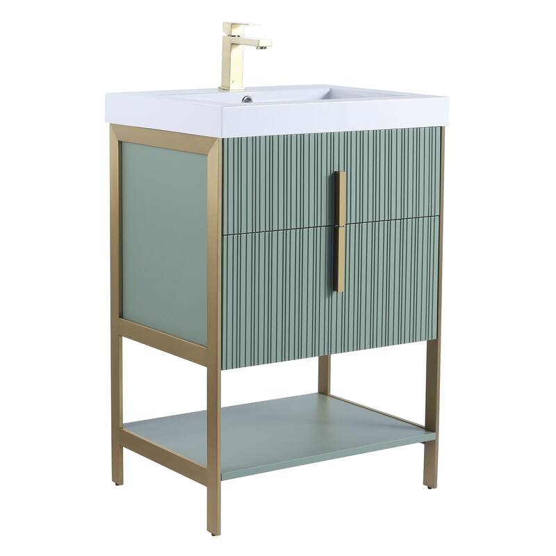 Fine Fixtures Serenity Modern Bathroom Vanity with White Gel Acrylic Top - Mint Green - Brass Hardware - 24 inch
