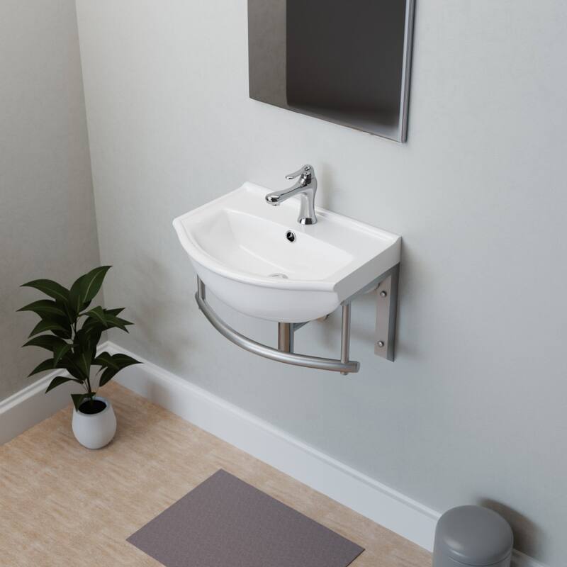 White Porcelain Wall Mounted Bathroom Sink with Faucet, Drain, Towel Bar and Overflow