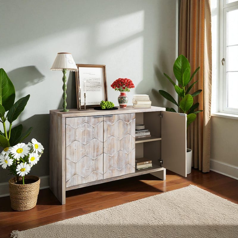 46" Farmhouse 3-Door Accent Sideboard Buffet with Adjustable Shelves, Solid Wood & MDF Storage Cabinet