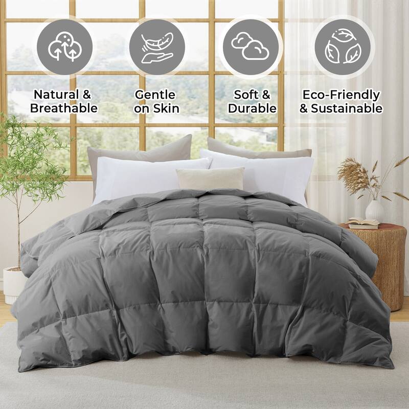 Medium Warmth 300TC Organic Cotton Down Comforter - 100% Natural, Chemical-Free, All Season Duvet Insert - Full - Queen - Gray