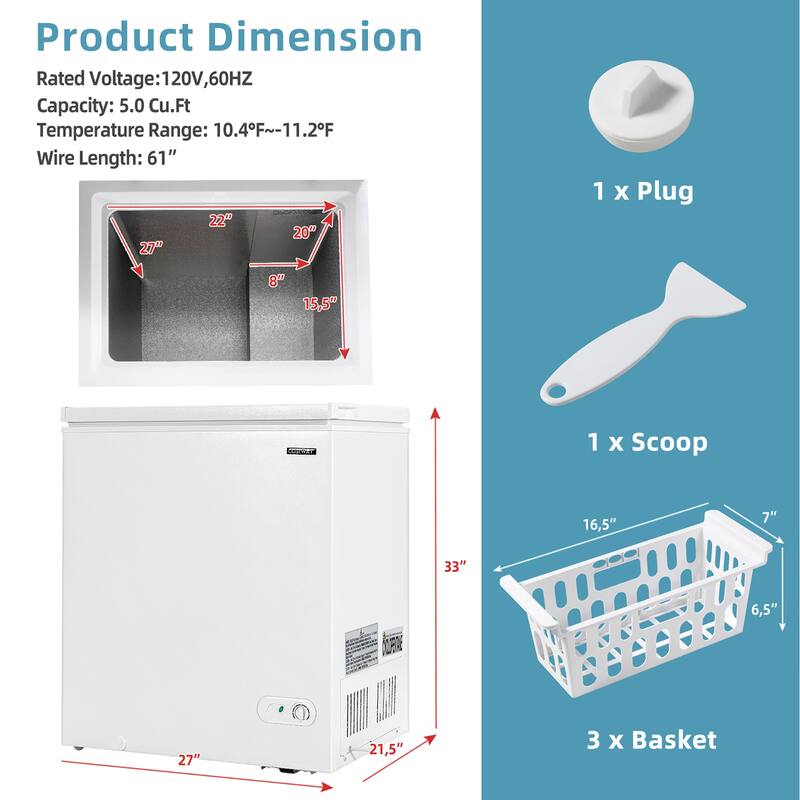 Costway 5.2 Cu.ft Chest Freezer Upright Single Door Refrigerator w/ 3 - See details
