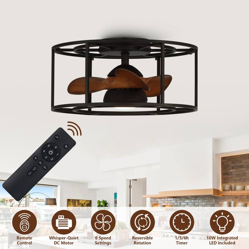 20" Black Flush Mount Low Profile Fandelier Ceiling Fan with Light and Remote - 20 in. D x 20 in. W x 9.6 in. H