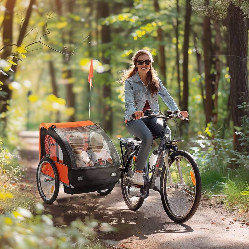 Kids Bike Trailer for Two with Steel Frame, 5-Point Harness, Roll-Up Door, and Large Wheels for Smooth Ride