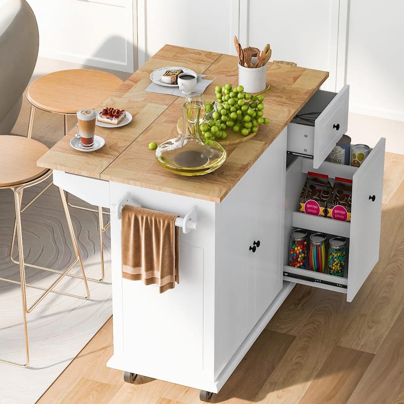 Rolling Kitchen Cart with Drop Leaf, Storage Rack, and 3-Tier Cabinet Organizer