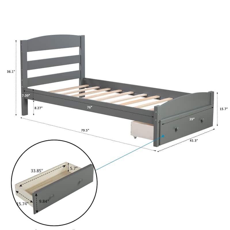 Twin Size Platform Bed Solid Pinewood Slat Bed Frame with Storage Drawer, Headboard and Wood Slat Support for Bedroom