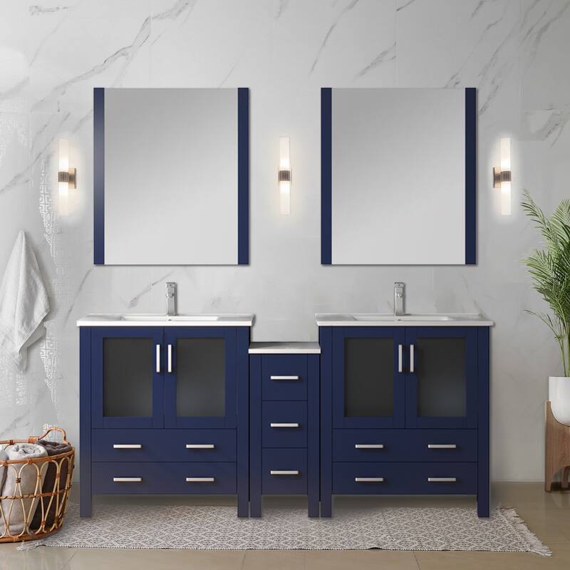 Lexora Volez 72 Inch Bathroom Vanity Cabinet in Navy Blue with Top and Mirror - Polished - Blue - Double Vanities
