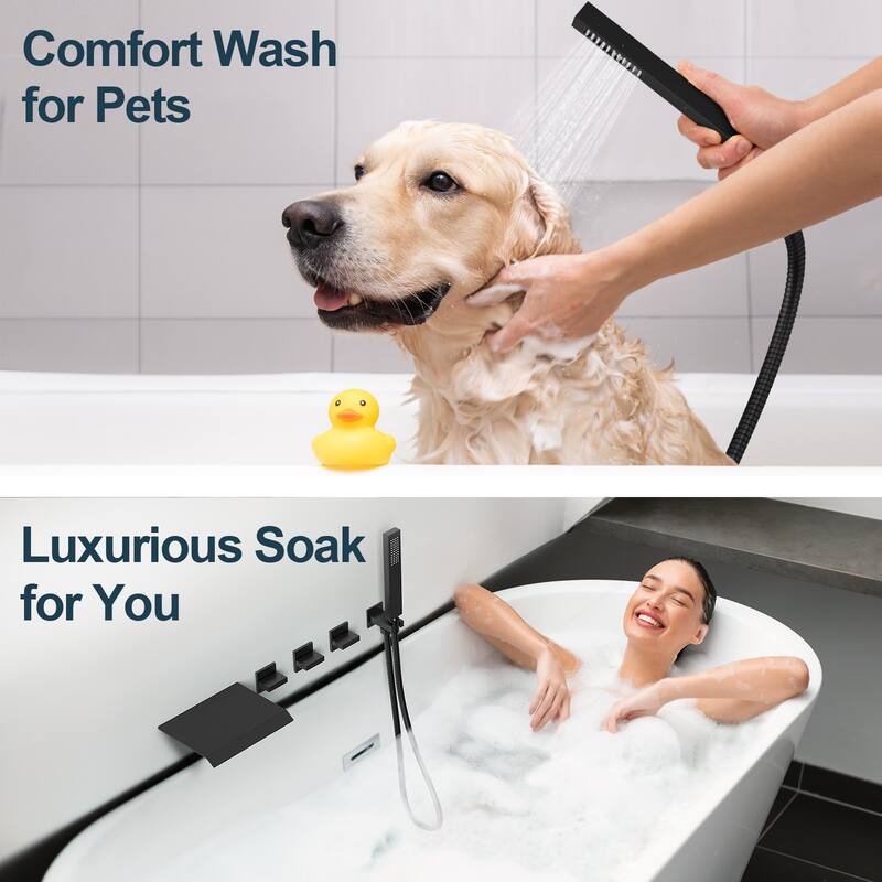 GRANDJOY Wall Mounted 3-Handle Tub Shower Faucet with Handheld Shower and Waterfall Tub Spout
