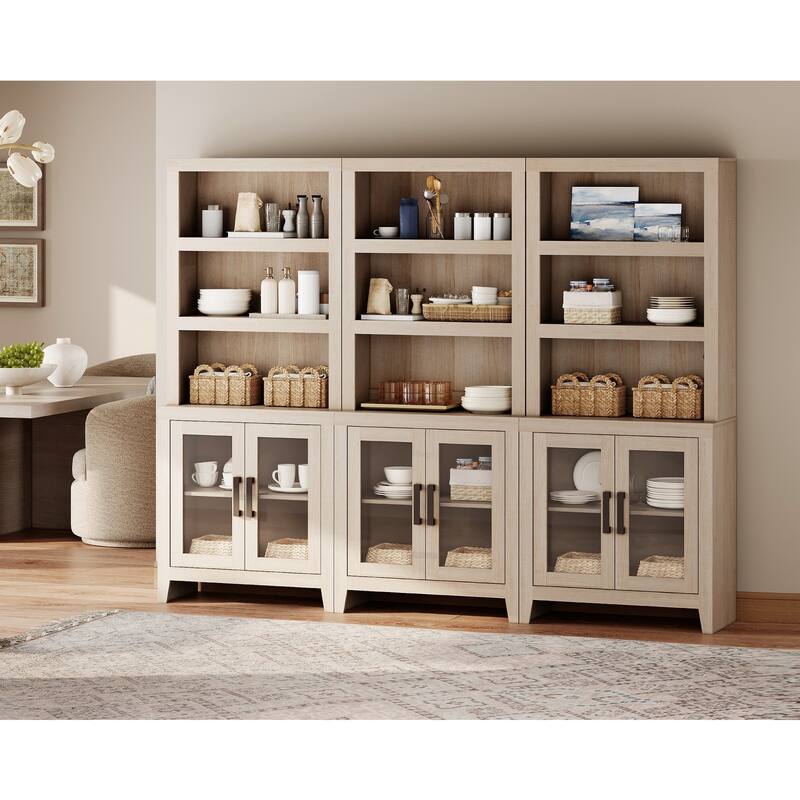 WAMPAT 3 Tier Bookshelf with Glass Door, 74" Tall Bookcase with Adjustable Shelf and Storage Cabinet, Farmhouse Wooden Bookshelf