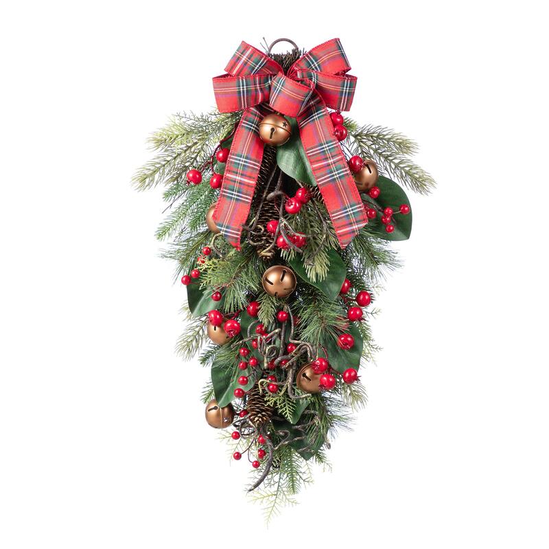Glitzhome Christmas Berry Bow Pinecone Bell Holy Leaf Teardrop Swag Xmas Wreath - Single-G