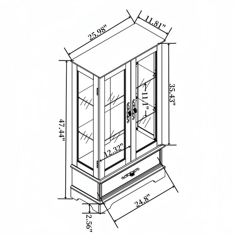 Lighted Glass Display Curio Cabinet with Door, 3 Shelves, Bulb, Drawer