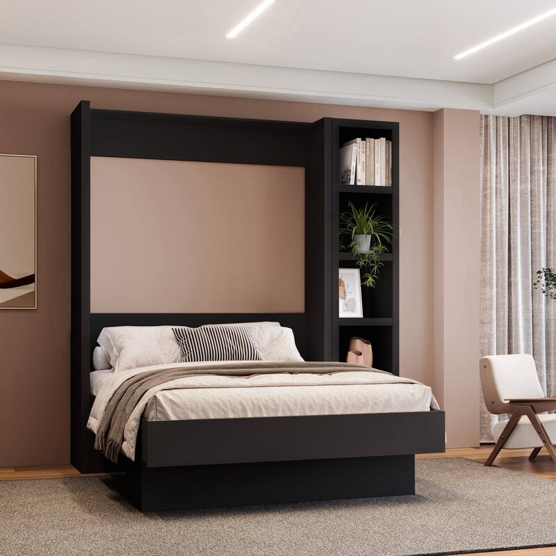 Easy-Lift Full Murphy Wall Bed in with Bookshelf - Black