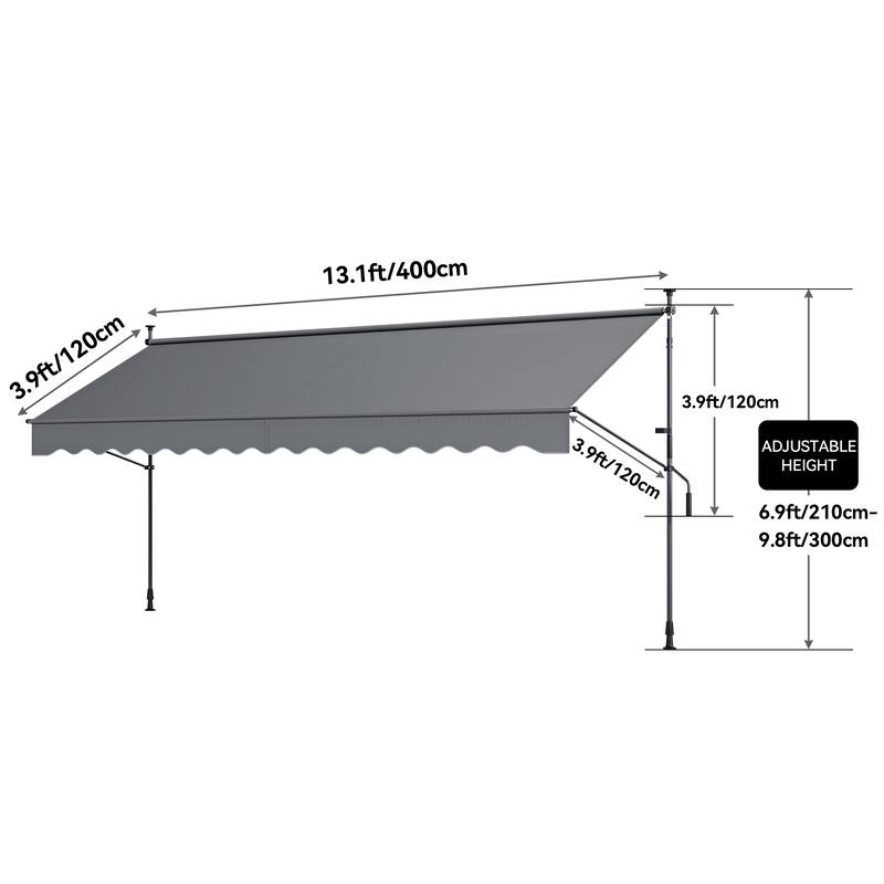 Mosis 13' x 4' Manual Retractable Awning, Non-Screw Freestanding Patio Sun Shade Shelter with Support Pole Stand