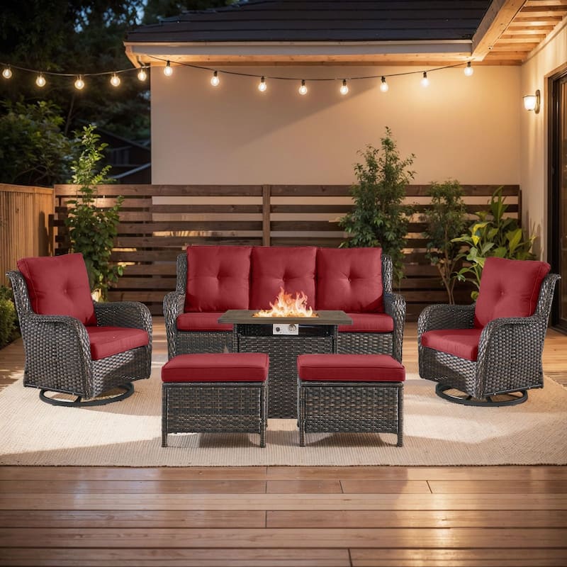 Pocassy 6 Pieces Fire Pit Table with Sofa Swivel Chairs Ottoman - Brown Wicker Red Cushion - 6 Pieces Sofa Chair Ottoman with Fire Table